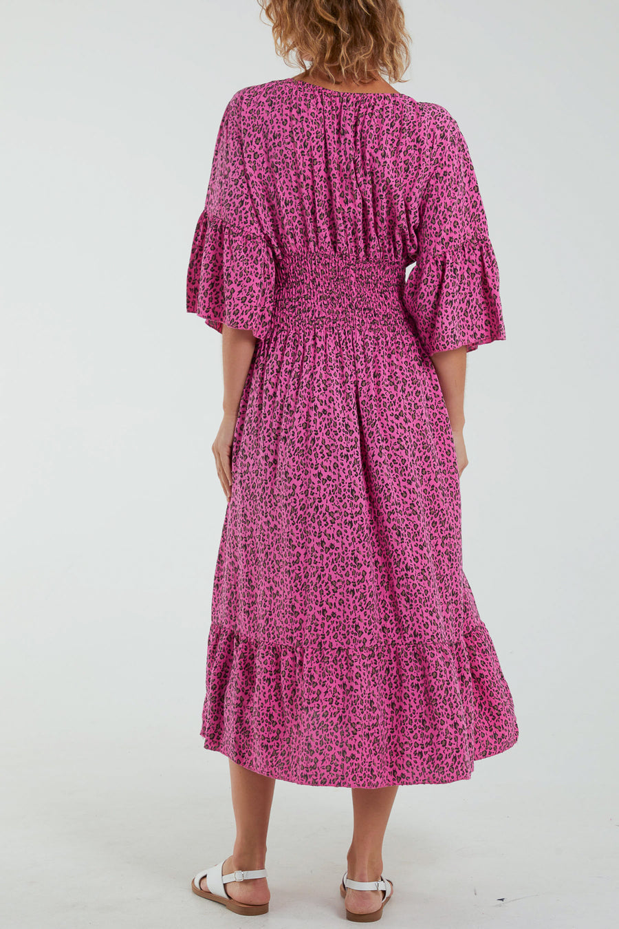 Leopard Print Shirred Bodice Midi Dress