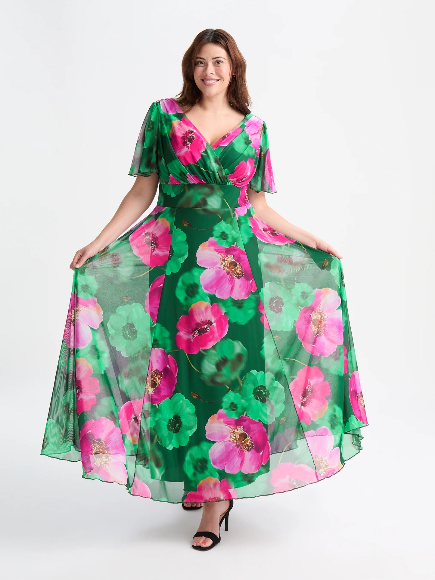 S&J Isabelle Green Pink Float Maxi Dress