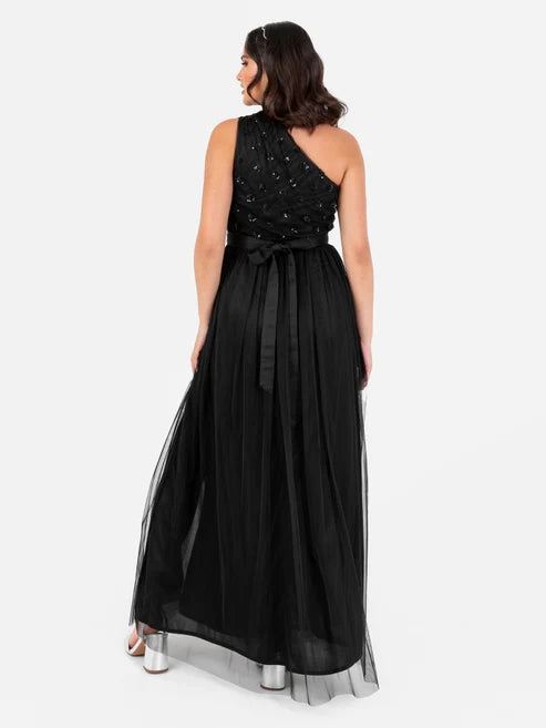 Maya Black Floral Embellished One Shoulder Maxi Dress
