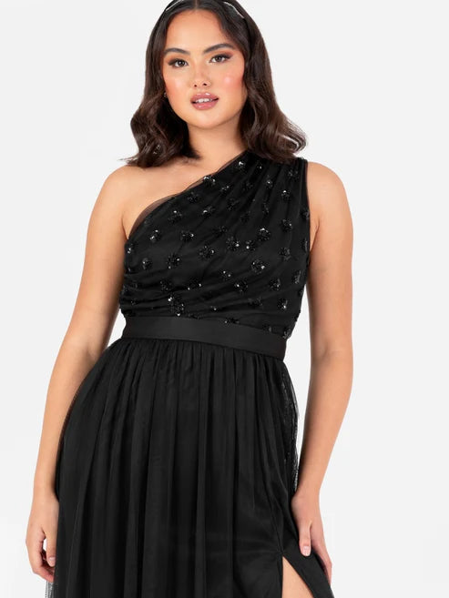 Maya Black Floral Embellished One Shoulder Maxi Dress