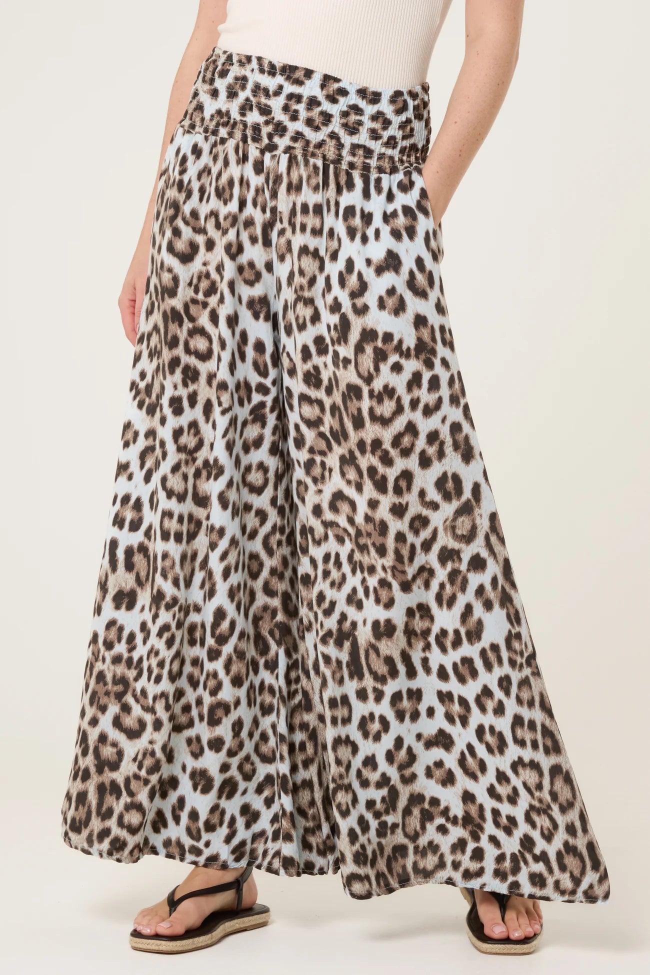 Leopard Print Shirred Waistband Wide Leg Trousers