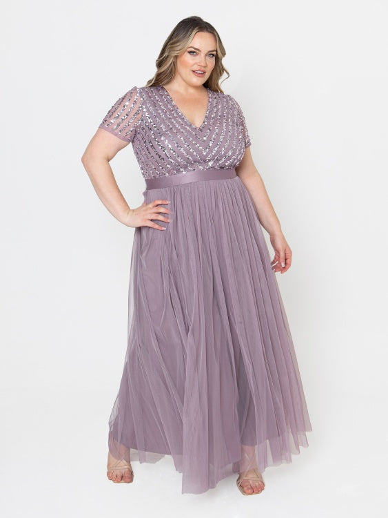 Maya Lilac V Neck Stripe Embellished Maxi Dress