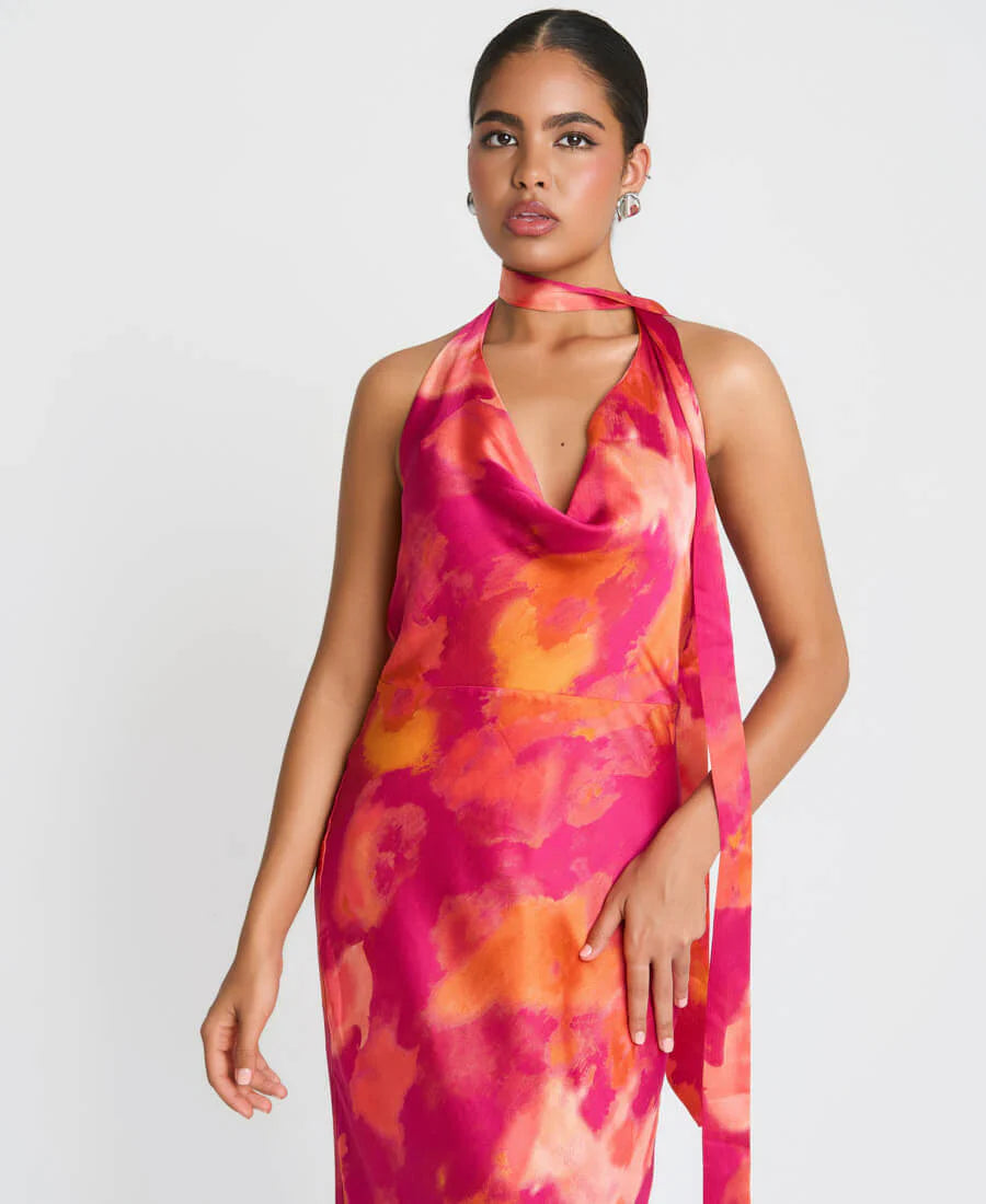Needs No Label Orange and  Fuschia Tie Neck Marble Maxi Dress