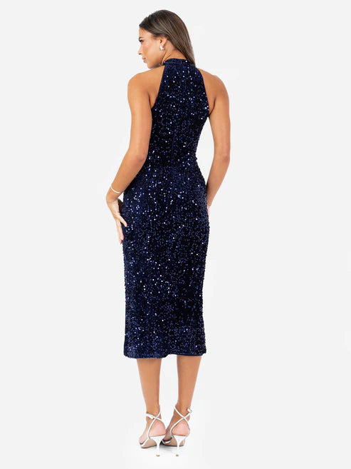 Maya Midnight Blue Embellished Velvet Halter Midi Dress
