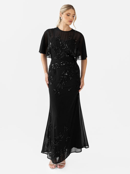 Maya Black Floral Embellished Angel Sleeve Maxi Dress