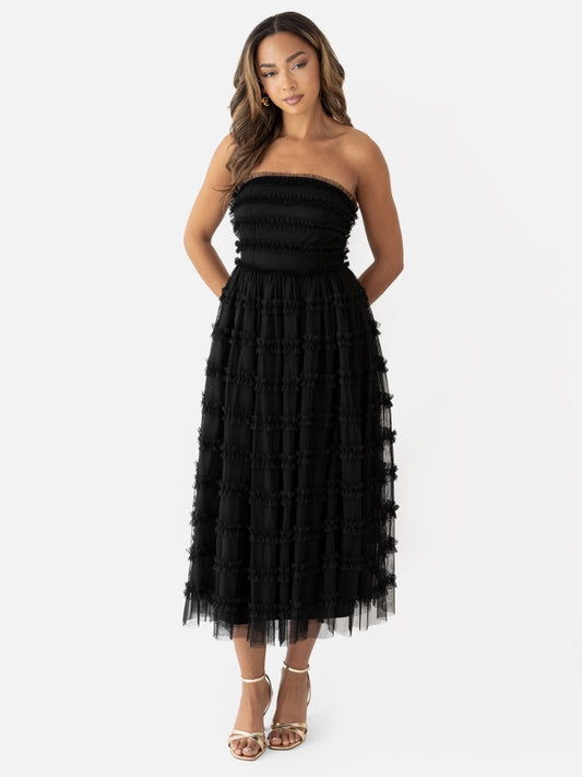 Anaya Black Bandeau Ruffle Midi Dress