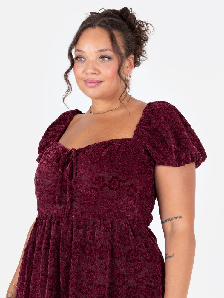 Lovedrobe Burgundy Floral Velvet Square Neck Midaxi Dress
