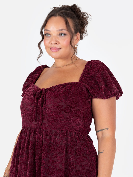 Lovedrobe Burgundy Floral Velvet Square Neck Midaxi Dress