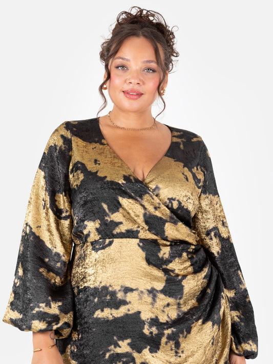 Lovedrobe Black and Gold Long Sleeve Wrap Dress