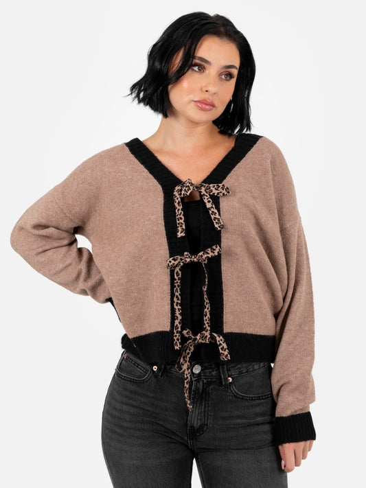 Lovedrobe Contrast Edge & Animal Print Ribbon Tie Cardigan