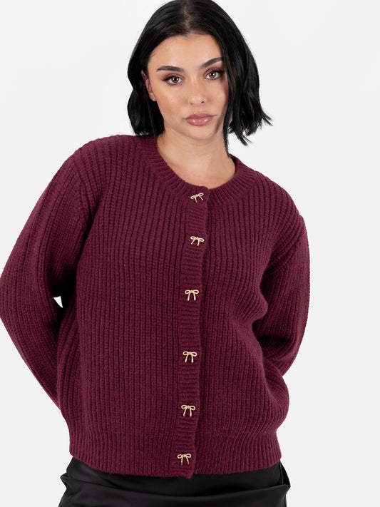 Lovedrobe Bow Button Round Neck Cardigan