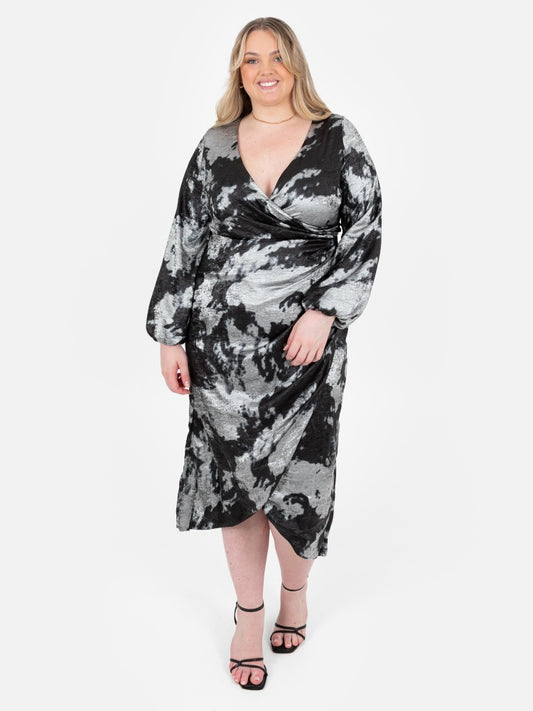 Lovedrobe Black And Silver Long Sleeve Gathered Midaxi Dress