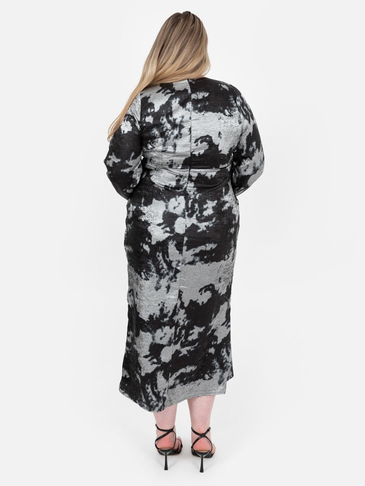 Lovedrobe Black And Silver Long Sleeve Gathered Midaxi Dress