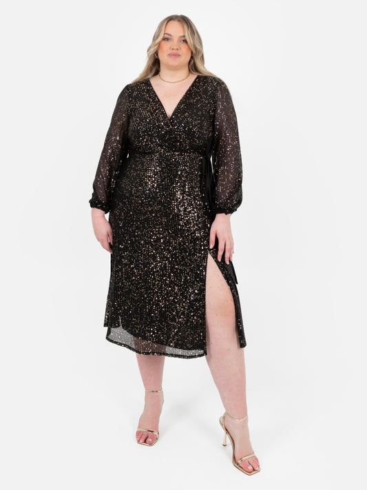 Lovedrobe Black & Gold Sequin Faux Wrap Midi Dress