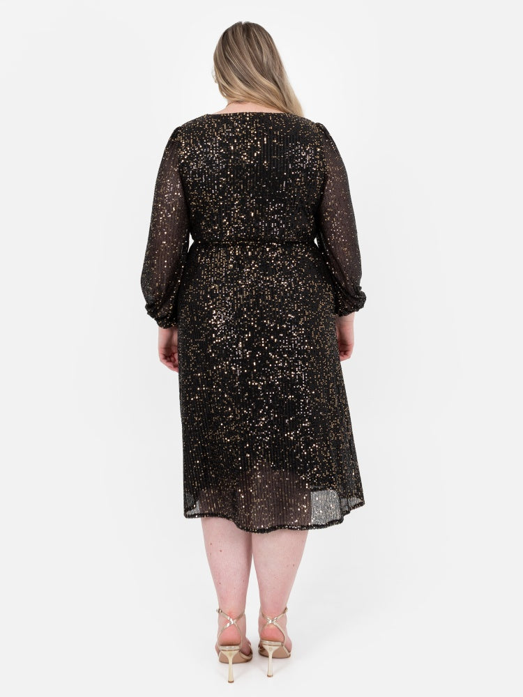 Lovedrobe Black & Gold Sequin Faux Wrap Midi Dress