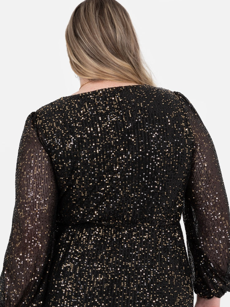 Lovedrobe Black & Gold Sequin Faux Wrap Midi Dress