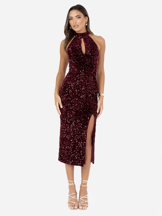 Maya Burgundy Embellished Velvet Halter Neck Dress