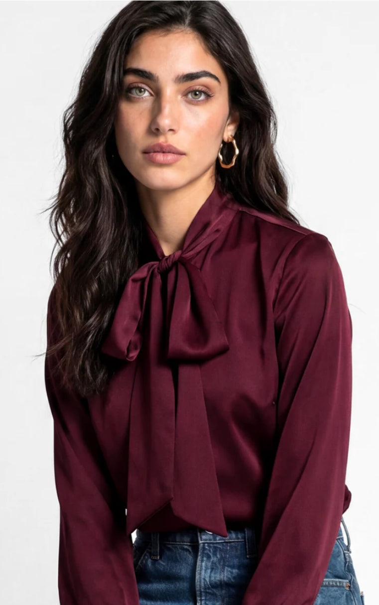 Lovedrobe Bow Collar Feather Cuff Satin Blouse