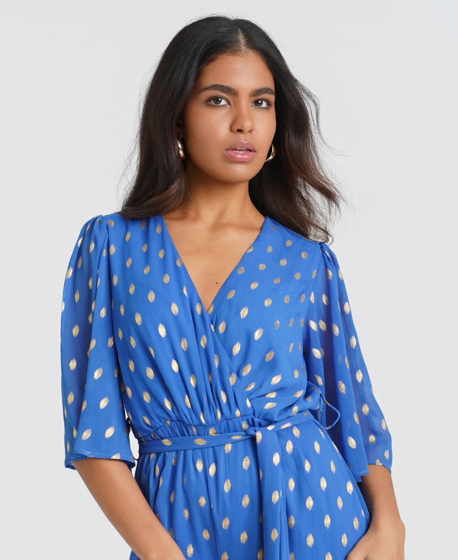 Needs No Label Blue Gold Foil Jumpsuit
