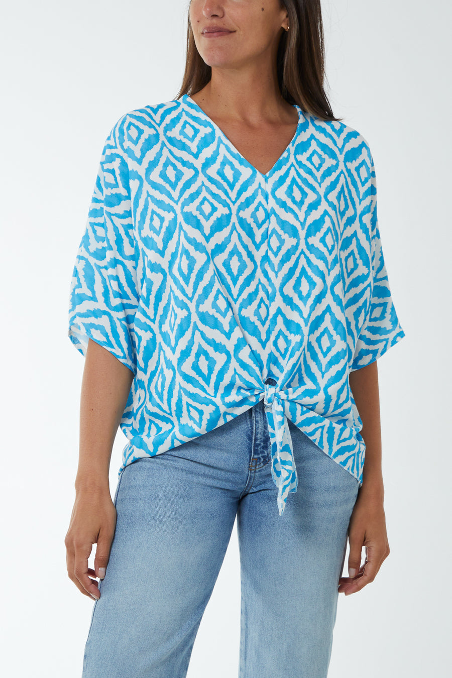 V-Neck Tied Front Print Top