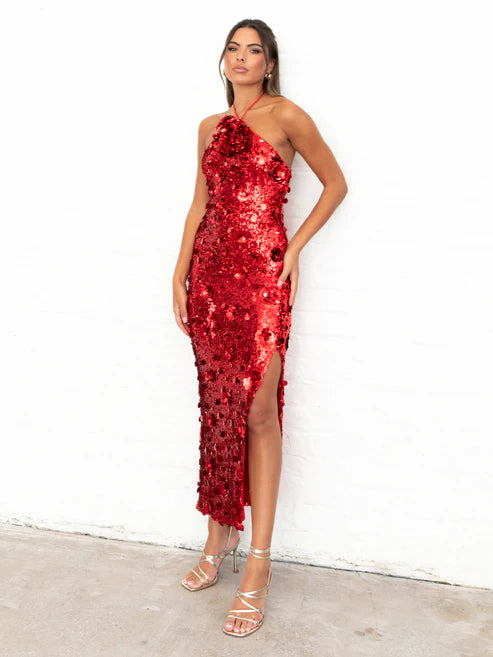 Maya Fully Embellished Halter Neck Midaxi Dress With Corsage