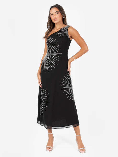 Maya Black One Shoulder Embellished Midaxi Dress