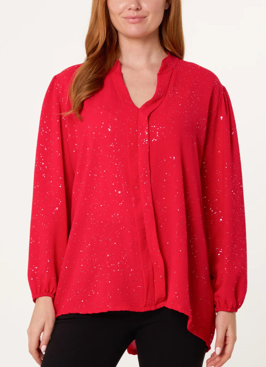 Glitter Collarless V-neck Blouse