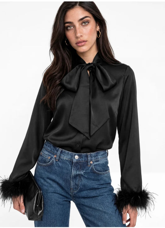 Lovedrobe Bow Collar Feather Cuff Satin Blouse
