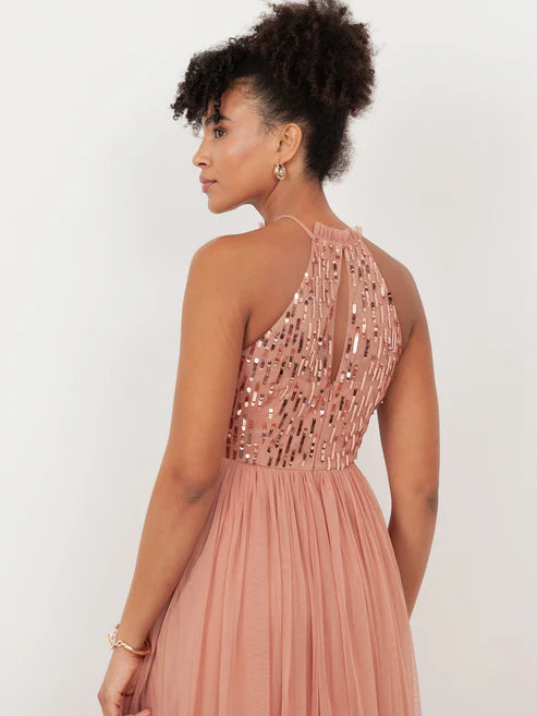 Maya Terracotta Pink Embellished Halter Neck Maxi Dress