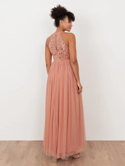 Maya Terracotta Pink Embellished Halter Neck Maxi Dress