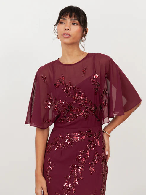 Maya Floral Embelished Angel Sleeve Maxi Dress In Cranberry