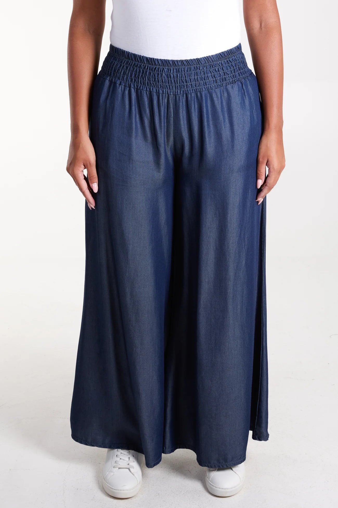 Denim Look Elasticated Wide Leg Trousers