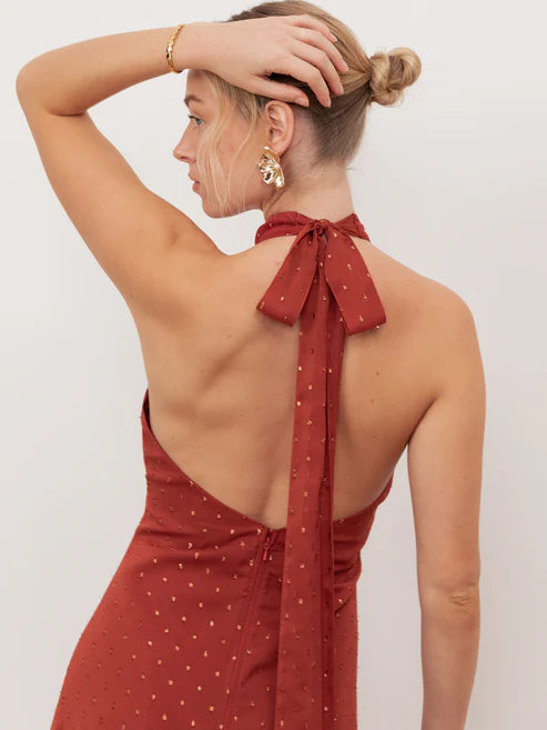 Anaya Chili Red Halter Neck With Open Back Maxi Dress
