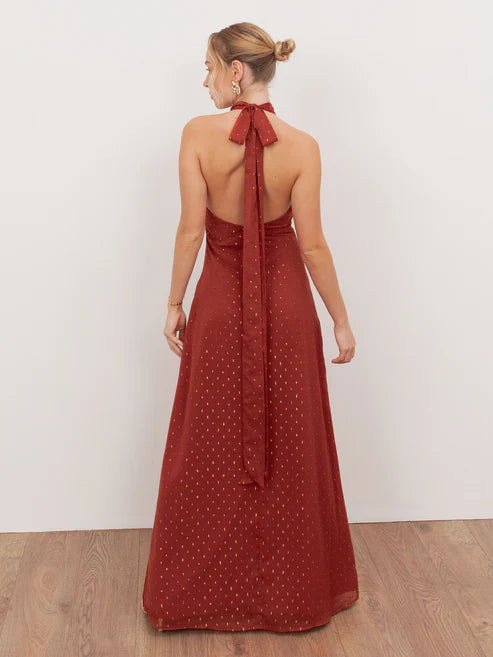 Anaya Chili Red Halter Neck With Open Back Maxi Dress