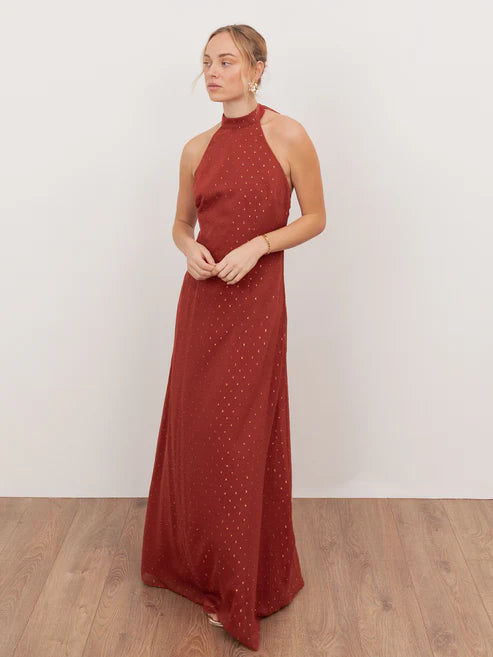 Anaya Chili Red Halter Neck With Open Back Maxi Dress