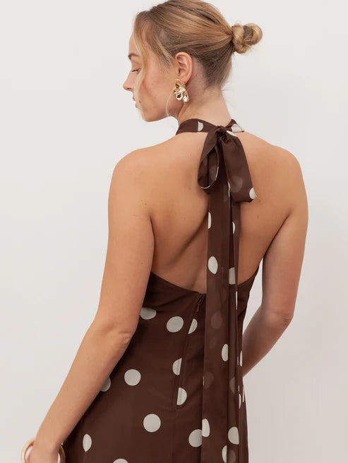 Anaya Brown Polka Dot Halter With Open Back Maxi Dress