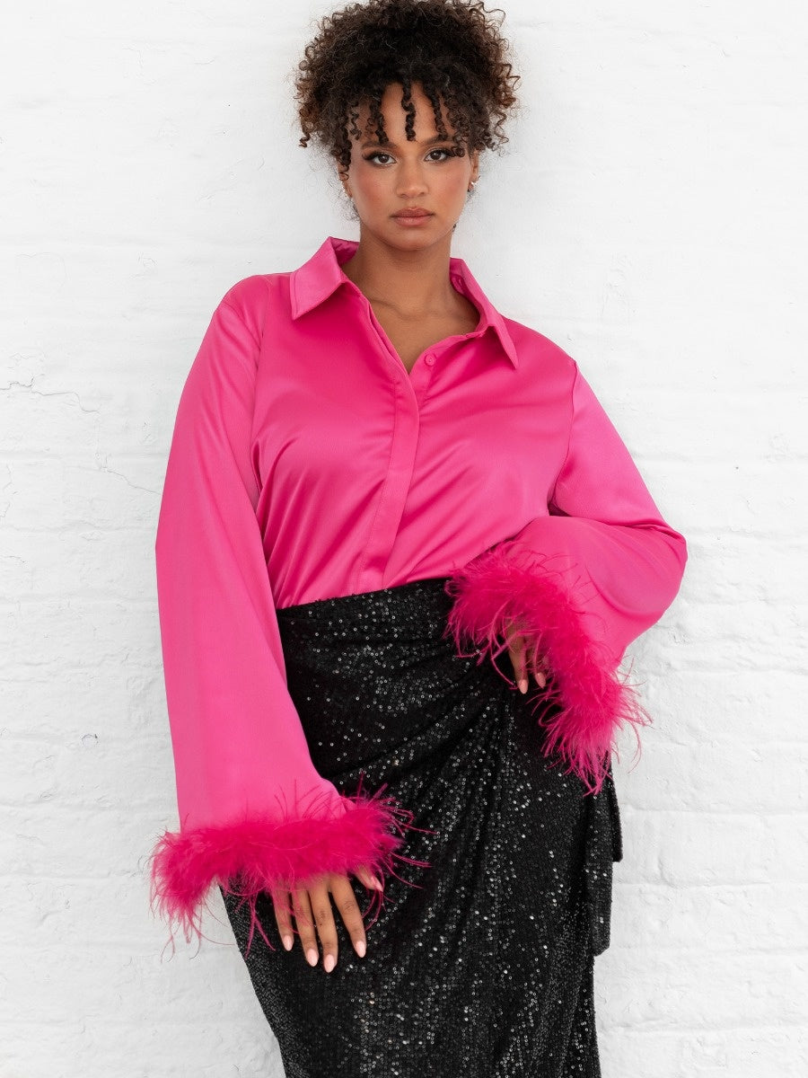 Lovedrobe Satin Shirt With Feather Cuffs