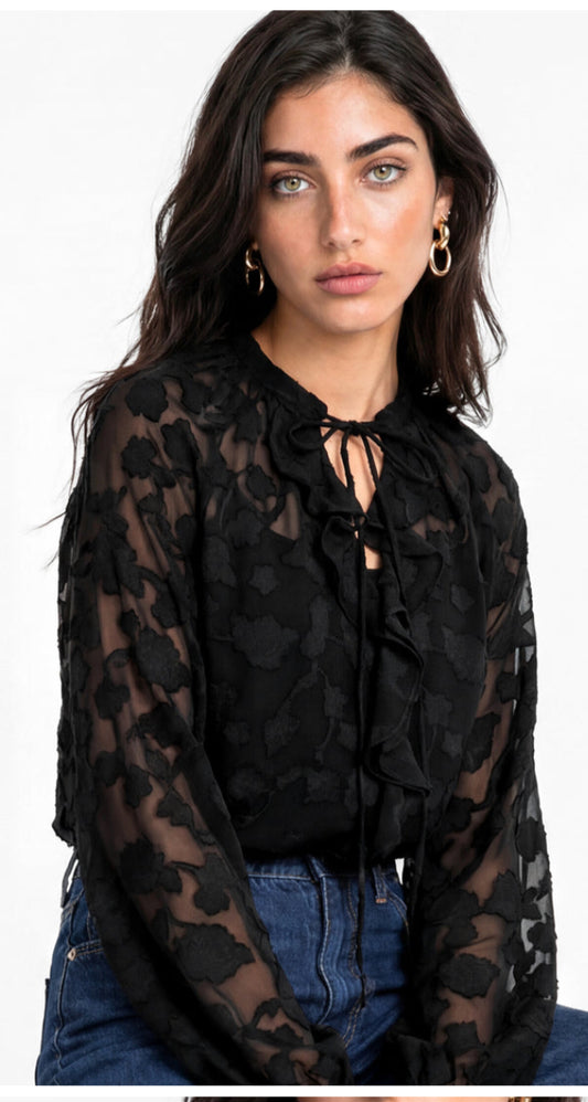 Lovedrobe Floral Burnout Ruffle Blouse