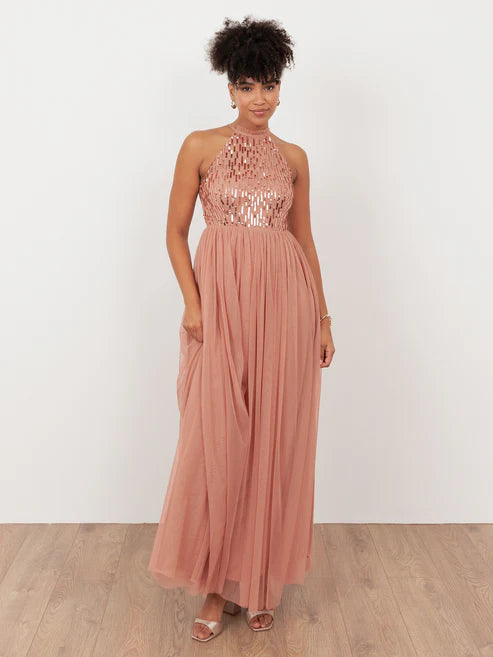 Maya Terracotta Pink Embellished Halter Neck Maxi Dress