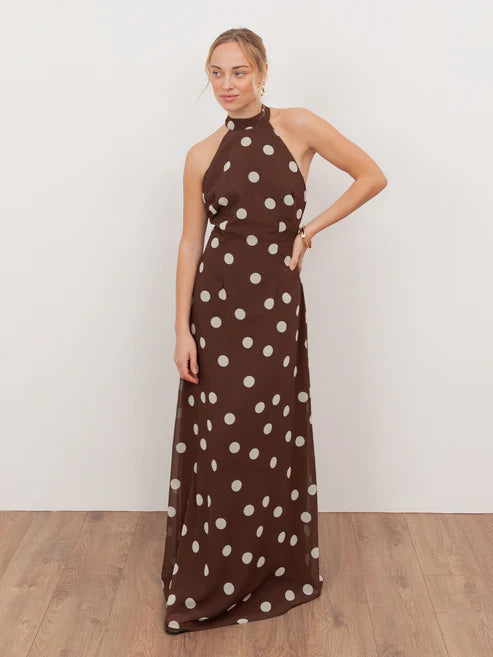 Anaya Brown Polka Dot Halter With Open Back Maxi Dress