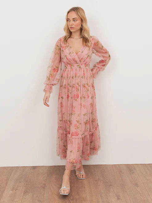 Anaya Pink Floral Faux Wrap Midaxi Dress