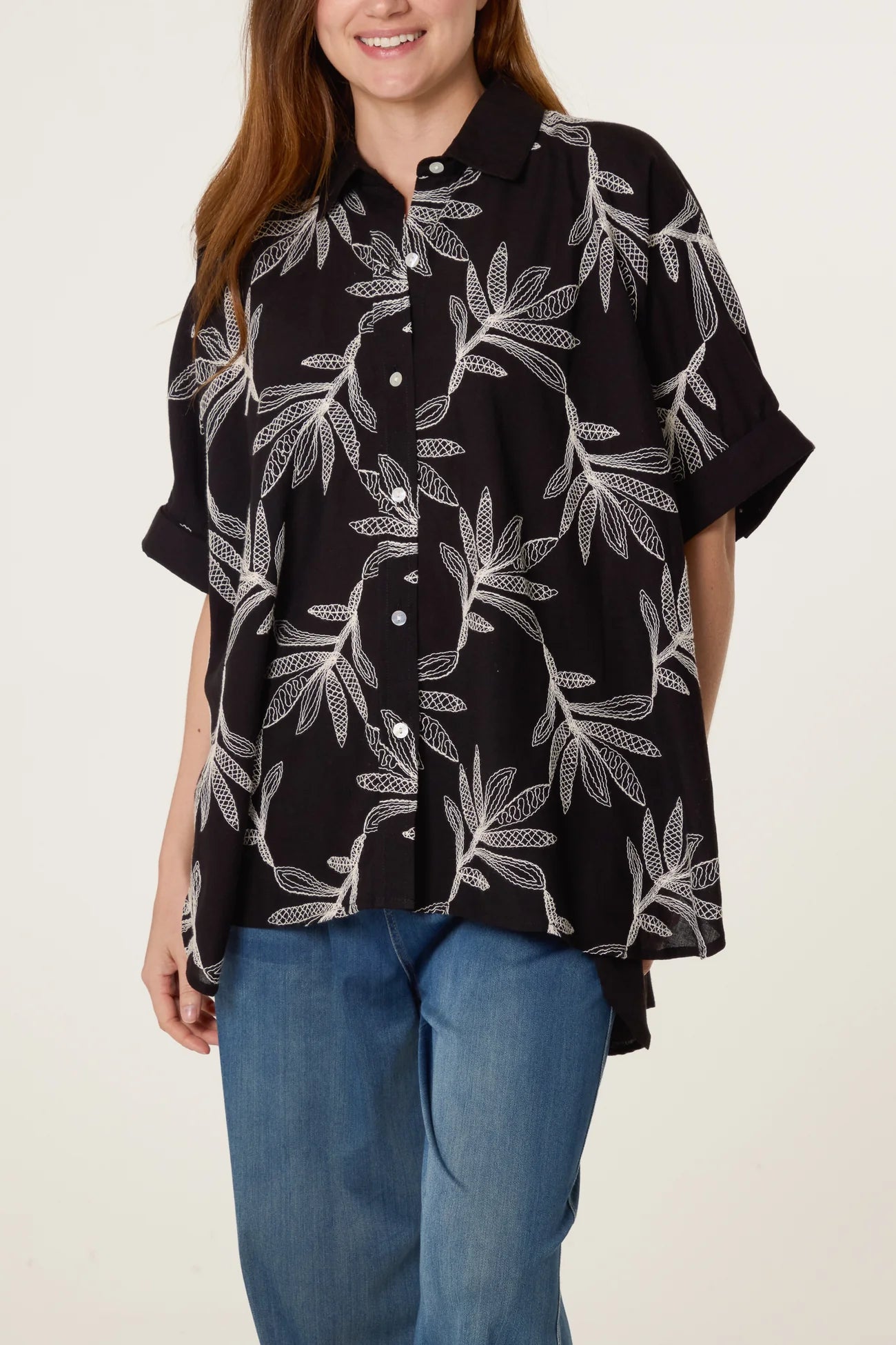 Embroidered Leaf Button Shirt