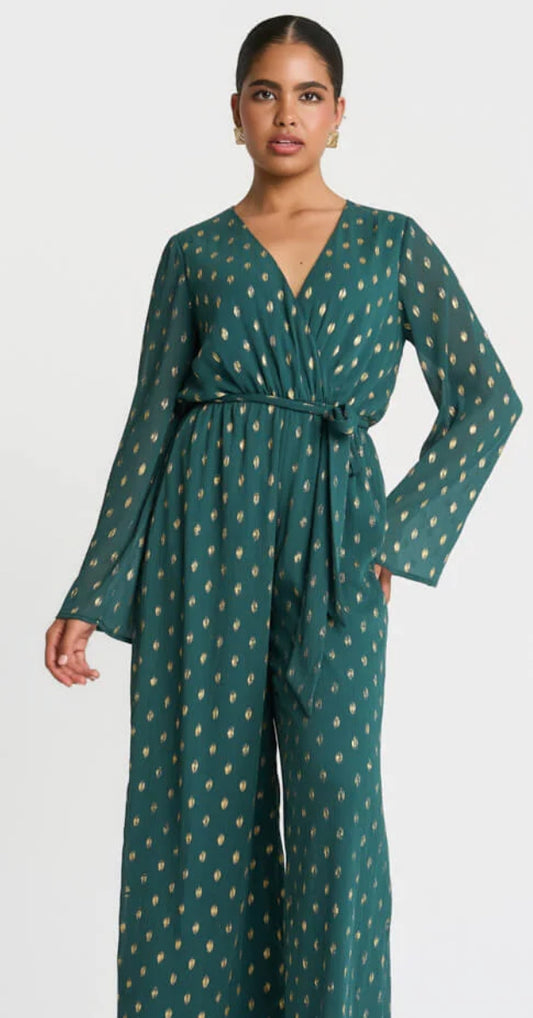 Needs No Label Foil Spot Wrap Jumpsuit