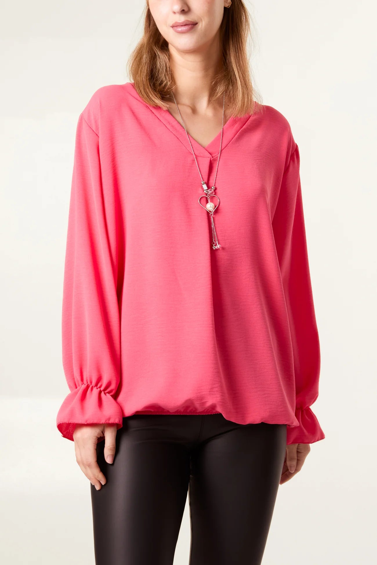 Necklace Bubble Hem Long Sleeve Blouse