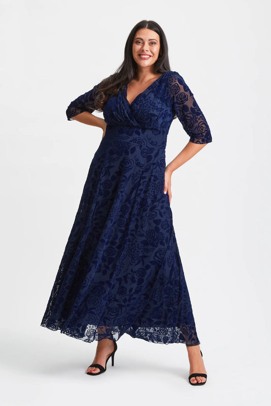 Scarlett & Jo Verity Dark Navy Velvet Flock Maxi Dress