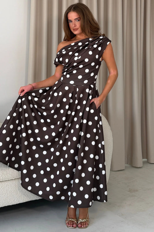 Girl In Mind Asymmetric Neckline Brown Polka Dot Skater Dress