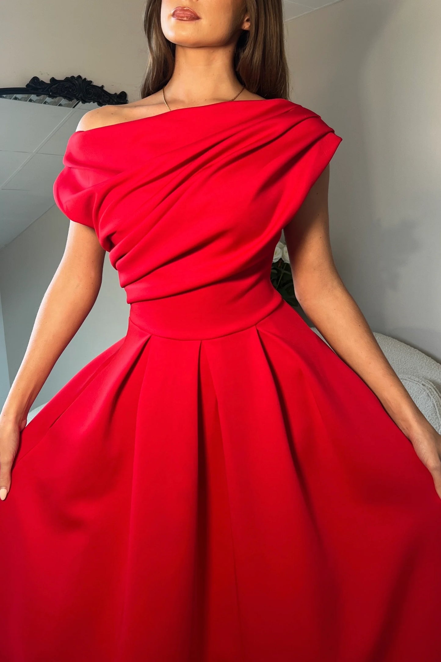 Girl In Mind Betty Asymmetrical Neckline Skater Midi Red