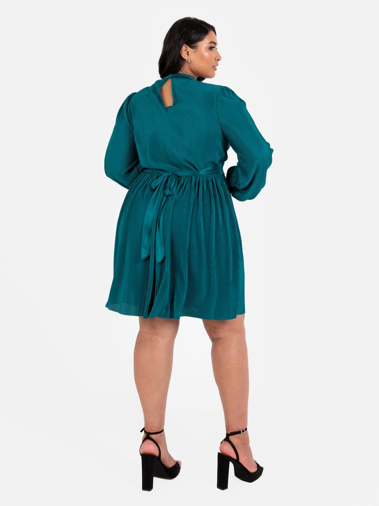 Lovedrobe Teal Plisse High Neck Midi Dress