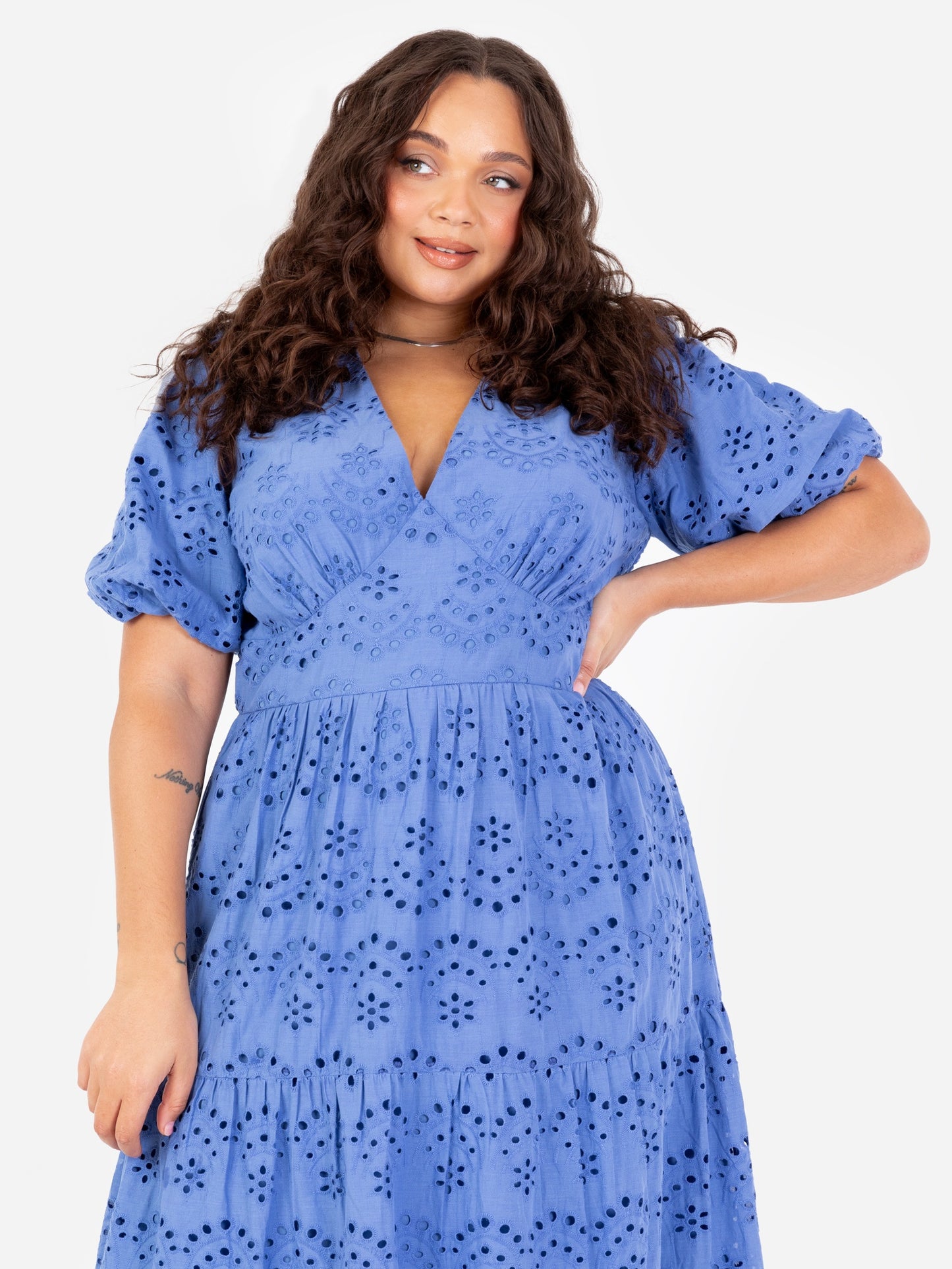 Lovedrobe Blue Broderie Puff Sleeve Tiered Midi Dress