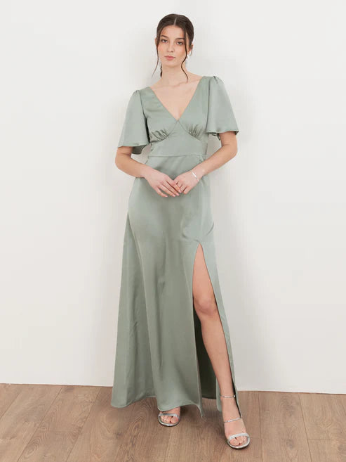 Maya V Neck Satin Maxi Dress With Angel Sleeve